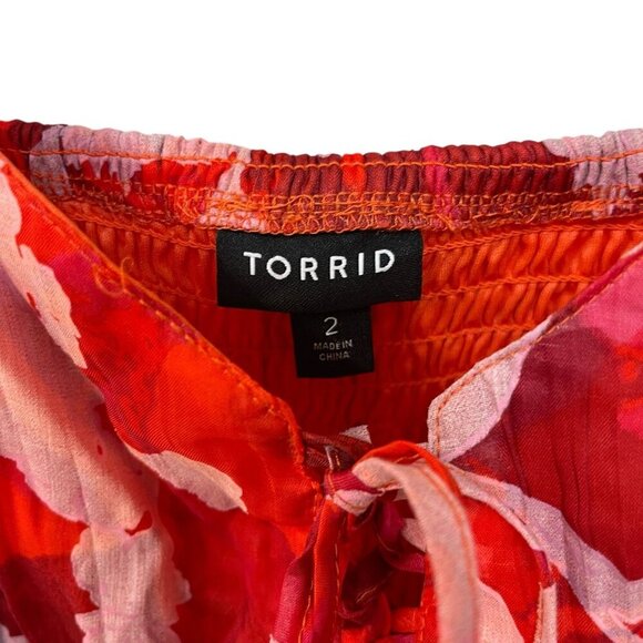 Torrid Midi Lined Lace Up Sweetheart Neckline Dress 2X 18-20 Floral Ruffle Red - Picture 3 of 12